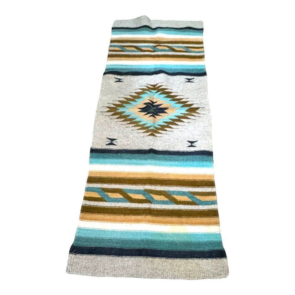 Vintage Southwestern Oaxaca Runner Rug 24"x63" Aztec Design Turquoise Woven READ